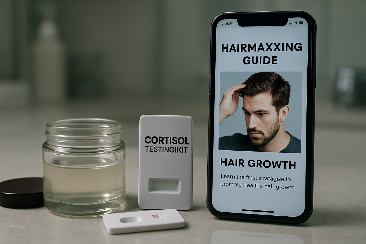 Close-up of hair serum and cortisol test kit on bathroom counter representing stress hair loss hairmaxxing solutions