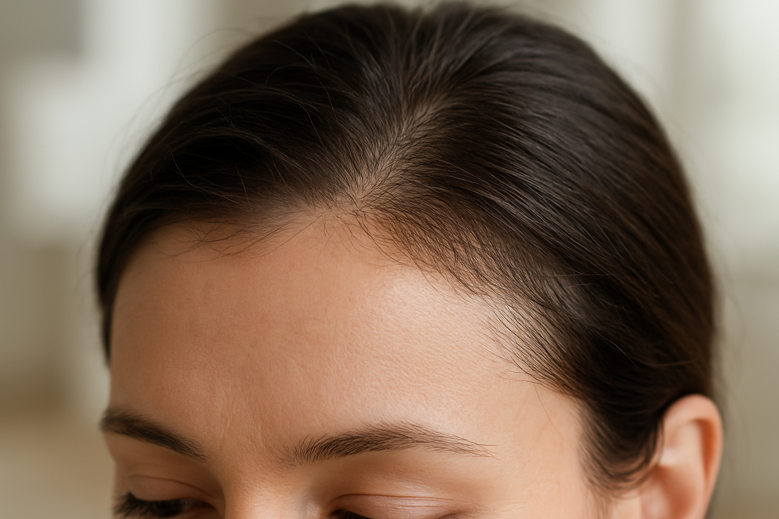 Close-up of a woman's frontal hairline showing progress from temple recession hairmaxxing treatments under soft natural light.