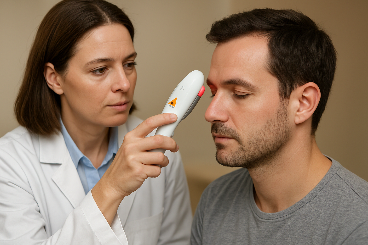 Dermatologist demonstrating laser device angles for temple recession hairmaxxing on a male patient in a clinical setting.