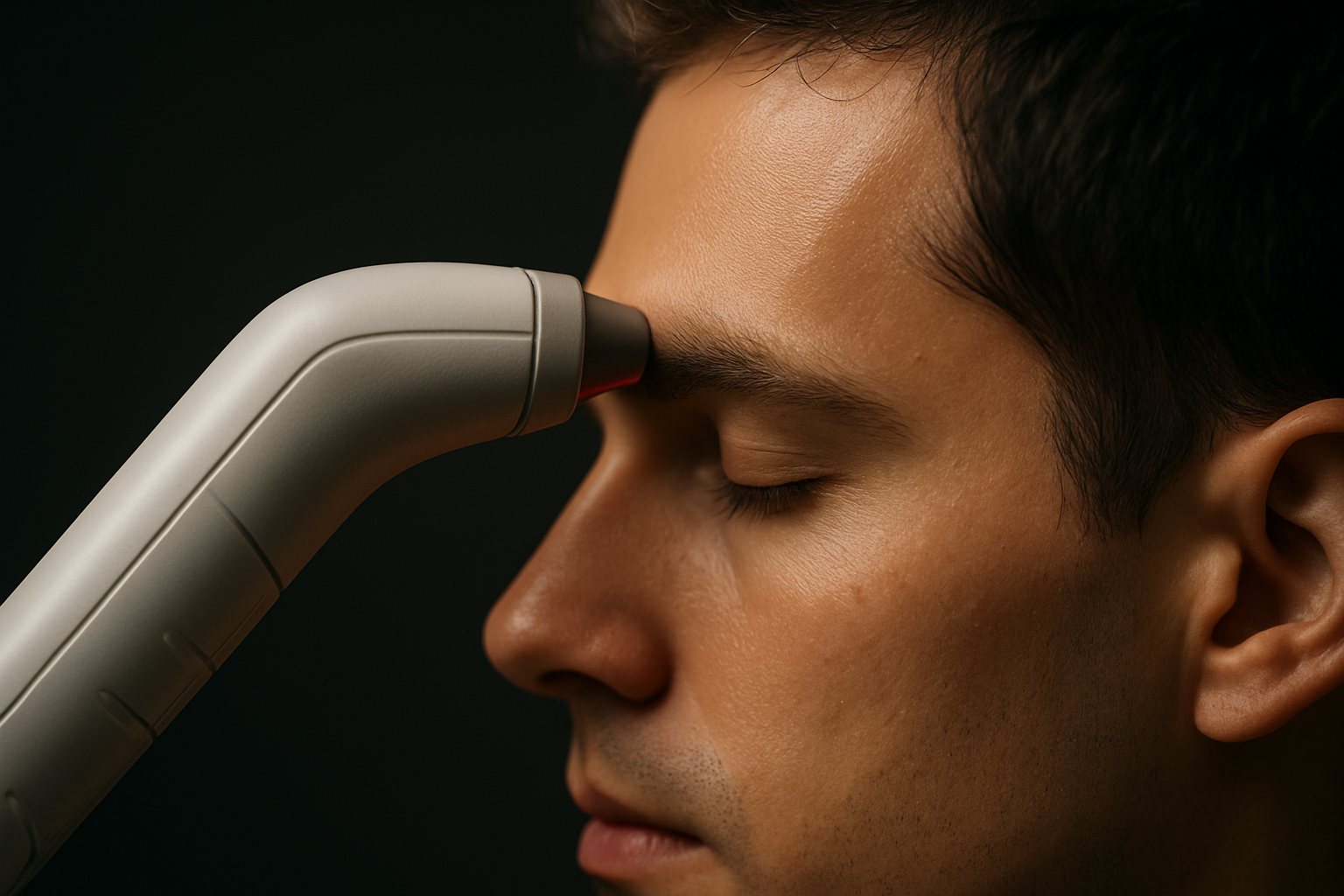 Close-up of a laser therapy device used at a specific angle near the temple area during temple recession hairmaxxing treatment.